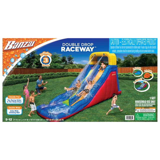 Banzai Double Drop Raceway Inflatable Water Racing Slide w/ Two Steep