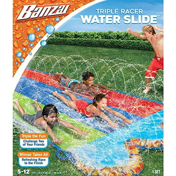 Banzai Kids Triple Racer Inflatable Water Slide, 16 ft x 82 in, Outdoor Splash Toy