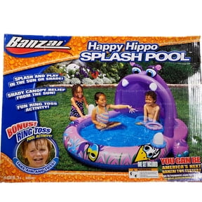 Banzai Splash Pool Happy Hippo Pool Swimming Pool with Shade & Ring Toss