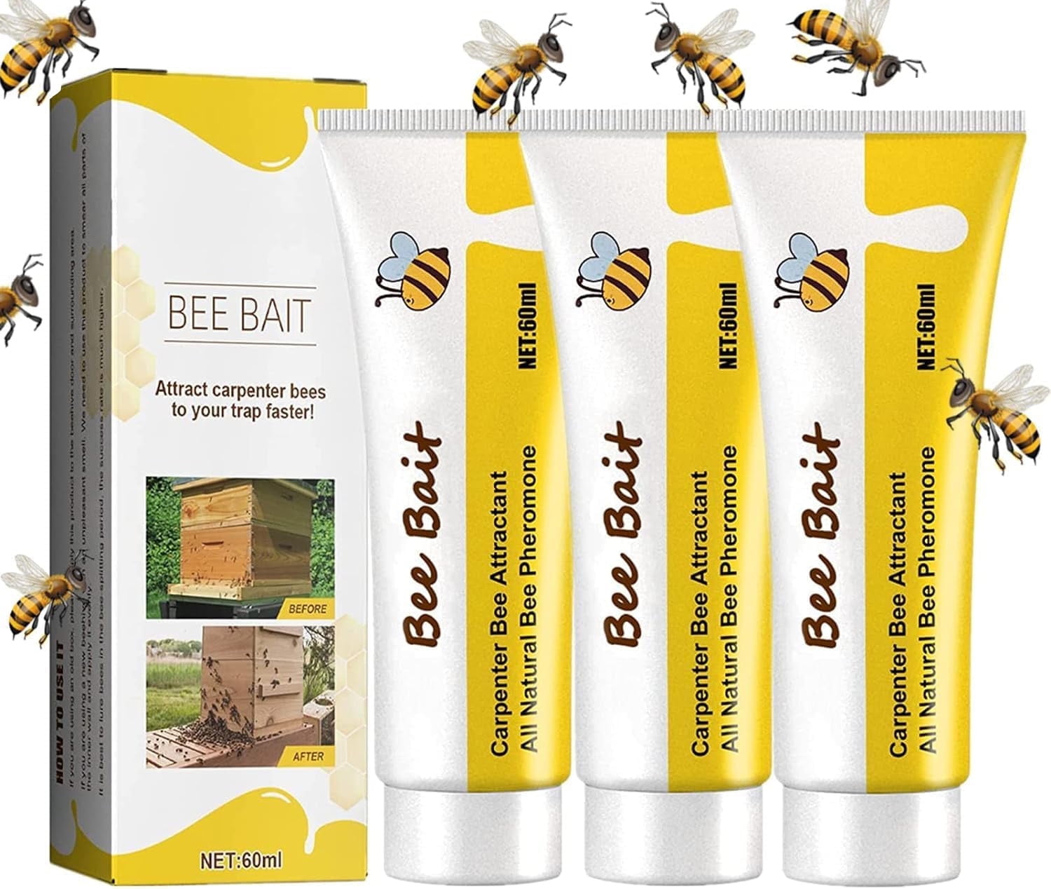 Banzch Carpenter Bee Trap Lure, Bee Bait Lure Attractant For Bee Hives,Carpenter Bee Traps For Outside For Bee Traps Outdoors Hanging,60Ml (3Pack)
