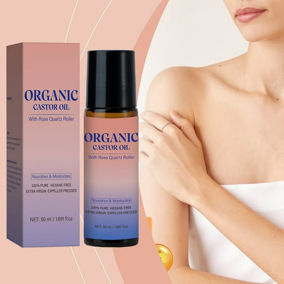 Banzch Organic Castor Oil Roll-On with Rose Quartz, Eyebrow & Eyelash Strengthening Oil, Cold-Pressed & Hexane-Free, Nourishing & Protective Hair Care 50ml