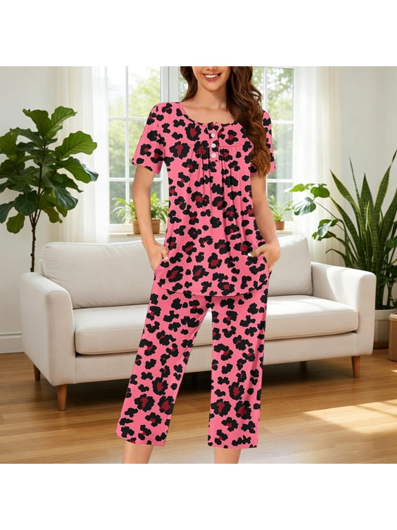 2 Piece Lounge Set Women Plus Size Button down Short Sleeve Top and Capris Pajamas Pink Leopard Print Soft Cozy Sleepwear