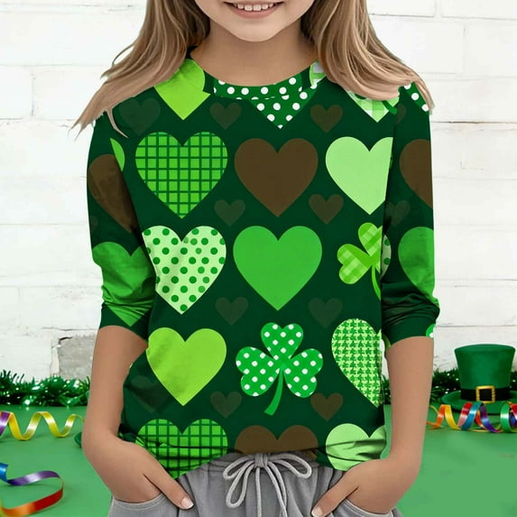 BaoFuBaoMei 3/4 Sleeve Fall Tops for Kids Girls St Patricks Day Green Shirt Slim Crew Neck Outfits for Irish Festival Themed Party