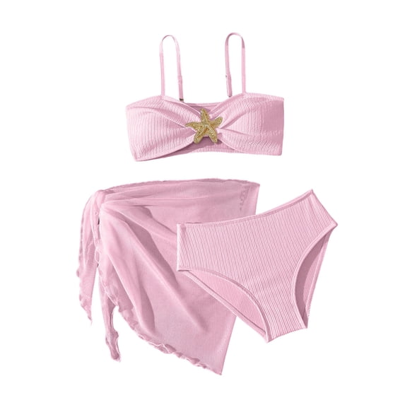 BaoFuBaoMei 3 Piece Swimsuit Girls Seashell Spaghetti Strap Padded Bathing Suit Trendy Solid Swimwear Beach Vacation Swim Set