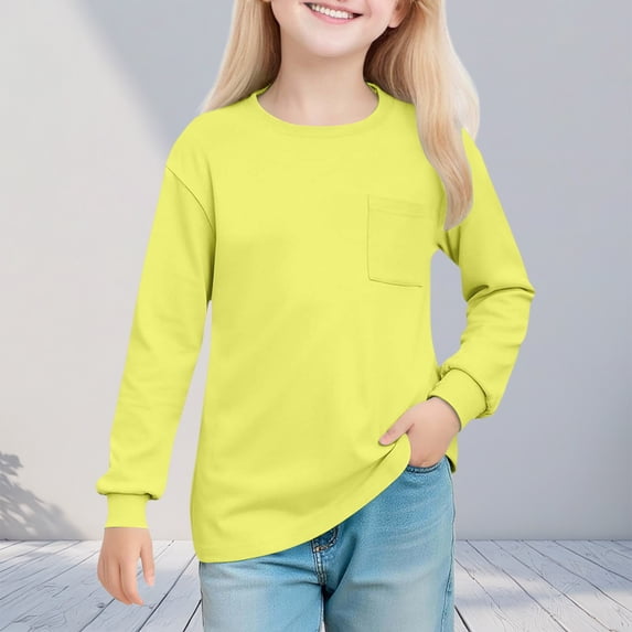 BaoFuBaoMei Basic Tee Shirt Girls Solid Color Long Sleeve Tops Slim Crew Neck Fall Clothes for School Daily Wear Outdoor