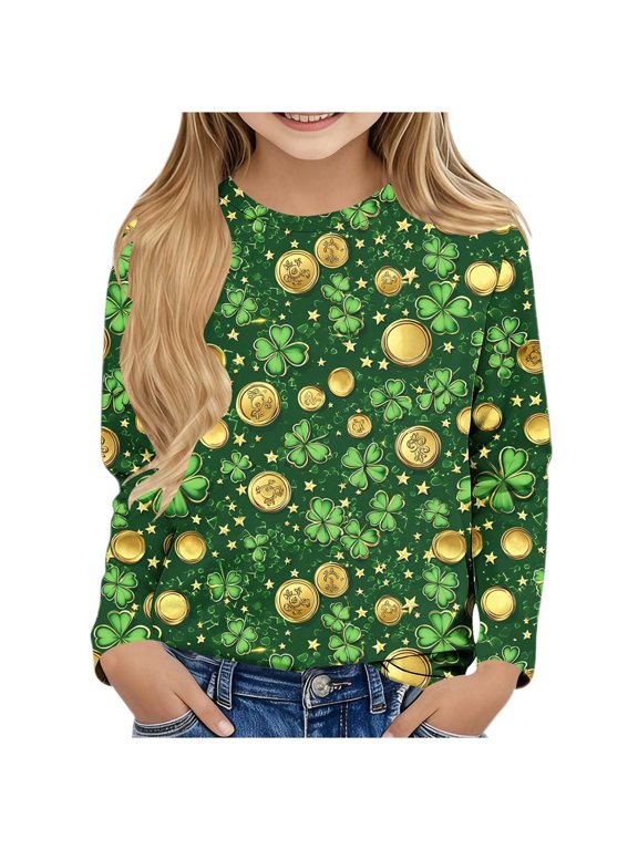 Boys Girls Fall Tops St Patricks Day Green Long Sleeve Pullover Shirt Slim Crew Neck Clothing for Irish Festival Themed Party