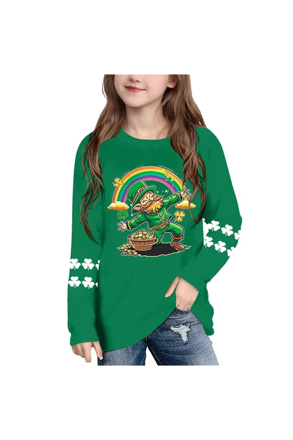 Boys Girls Long Sleeve Shirts St Patricks Day Green Pullover Tops Loose Crew Neck Fall Clothes for Irish Festival Themed Party
