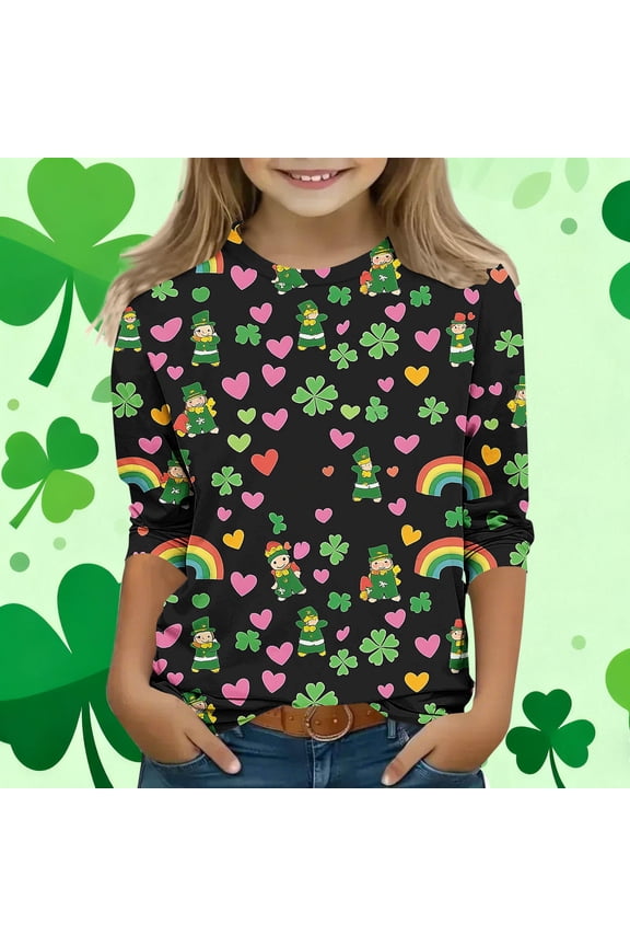 Boys Girls Long Sleeve Shirts St Patricks Day Green Pullover Tops Slim Crew Neck Fall Clothing for Irish Festival Themed Party