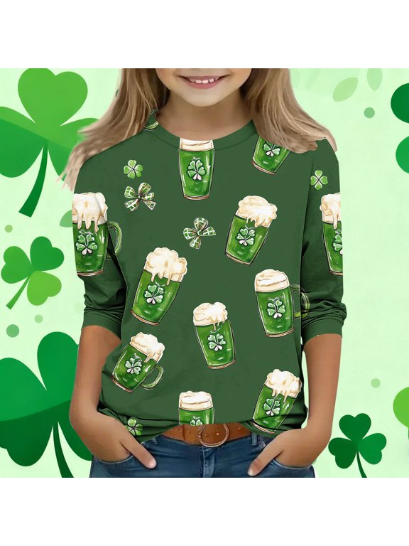 Boys Girls Long Sleeve Tee Shirts St Patricks Day Green Pullover Tops Slim Crew Neck Fall Outfits for Irish Festival Themed Party