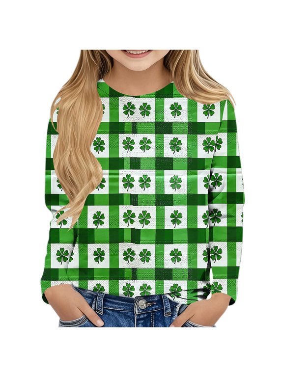 Boys Girls Long Sleeve Tee Shirts St Patricks Day Plaid Pullover Tops Slim Crew Neck Fall Clothing for Irish Festival Themed Party