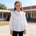 thumbnail image 1 of BaoFuBaoMei Button down Shirt Girls Back to School Cotton Solid Color Long Lantern Sleeve Tops Ruffle Slim Collared Fall Clothing for School Daily Wear Outdoor, 1 of 8
