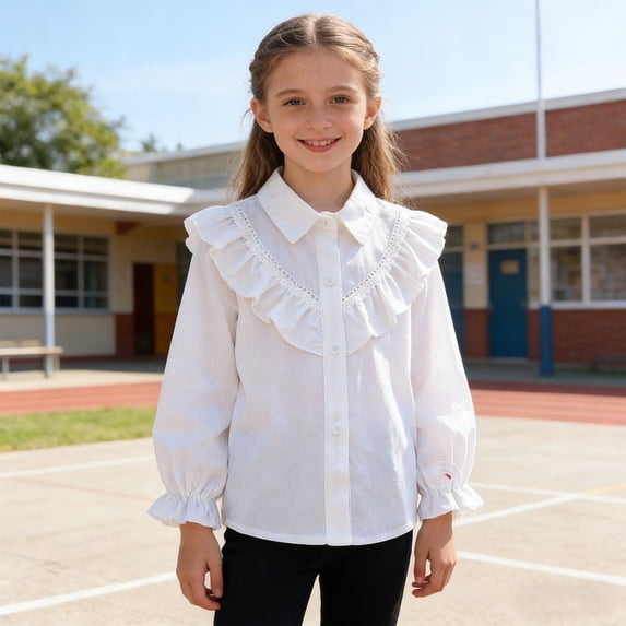 BaoFuBaoMei Button down Shirt Girls Back to School Cotton Solid Color Long Lantern Sleeve Tops Ruffle Slim Collared Fall Clothing for School Daily Wear Outdoor