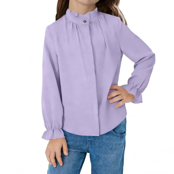 BaoFuBaoMei Button down Shirts for Girls Back to School Solid Color Long Lantern Sleeve Tops Ruffle Ruched Pleated Slim Mock Neck Fall Outfits for School Daily Wear Outdoor