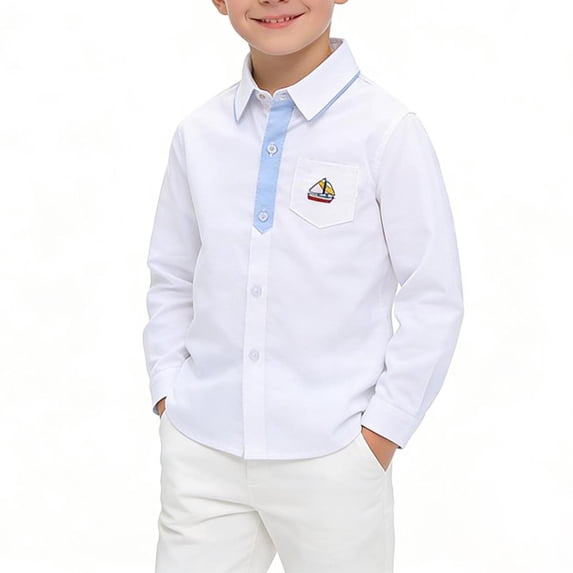 BaoFuBaoMei Button down Tops for Boys Girls Back to School Cotton Solid Color Long Cuffed Sleeve Shirt with Pockets Embroidery Slim Collared Fall Clothes for School Daily Wear Outdoor