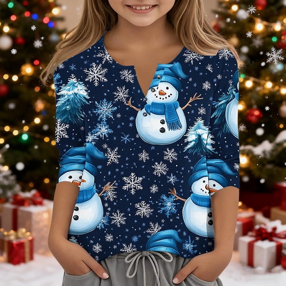 BaoFuBaoMei Button down Shirts for Boys Girls Christmas Snowman 3/4 Sleeve Tops Slim V Neck Fall Outfits for Christmas Dinner Vacation Holiday
