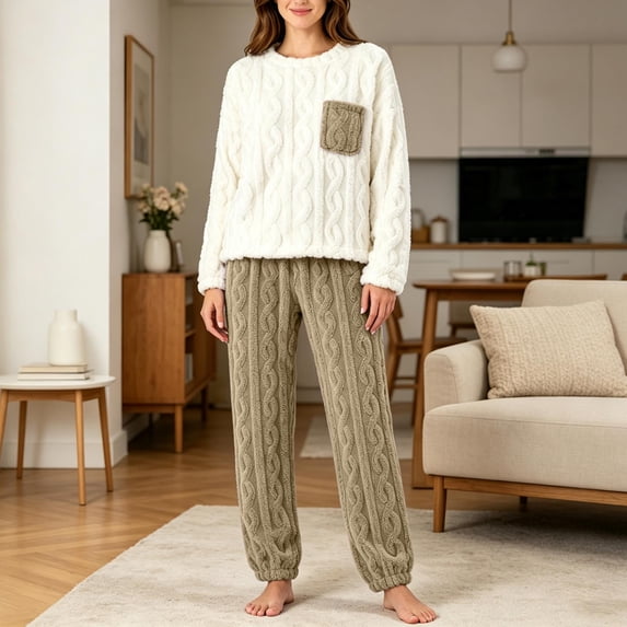 BaoFuBaoMei Cable Knit Pajamas for Women Crew Neck Long Sleeve Top and Pants Sleepwear Contrast Color Warm Comfy Winter Lounge Set