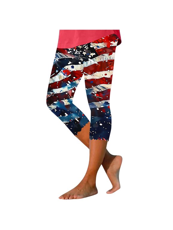 Capris Pants for Women Plus Size Patriotic High Waist Trousers USA Flag Printed Elastic Waist Leggings Casual Beach Pants