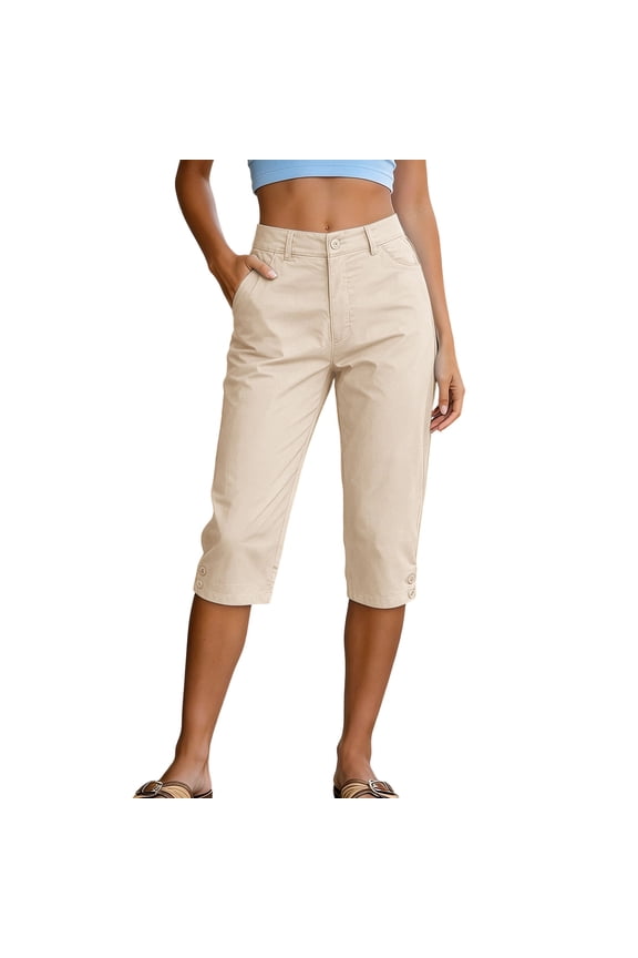 Capris Pants for Women Plus Size Stretchy High Waist Trousers Side Button Solid Pants Summer Casual Outfits with Pockets