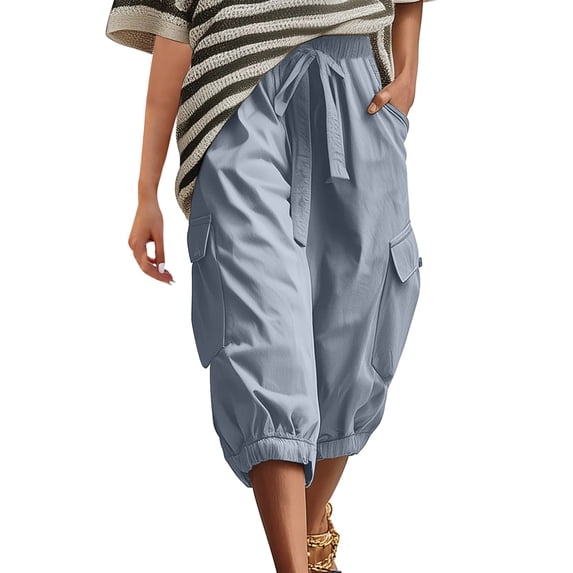 BaoFuBaoMei Cargo Pants Women Plus Size Loose Drawstring Joggers Solid Capris Pants Summer Casual Trousers with Pockets