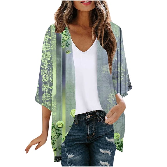 BaoFuBaoMei Chiffon Cardigan for Women Plus Size Lightweight Open Front 3/4 Sleeve Cardigan Printed V Neck Flowy Tops
