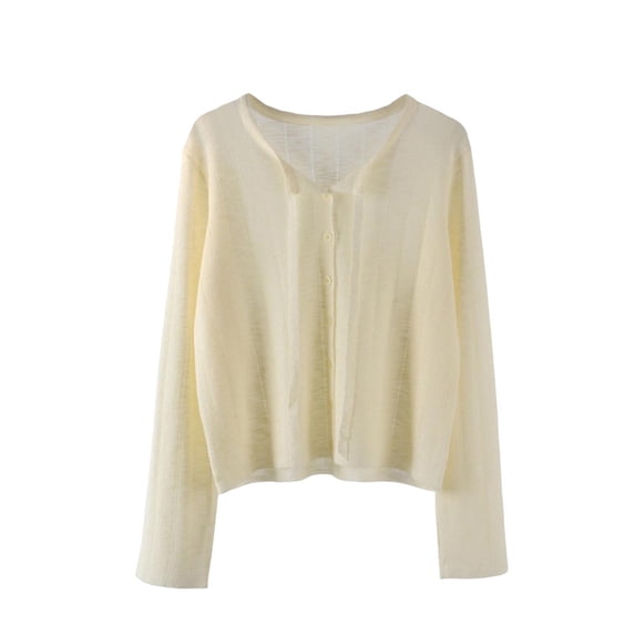 BaoFuBaoMei Cotton Cardigan Sweater for Women Lightweight Button up Long Sleeve Cardigans Cropped Crew Neck Solid Sweater