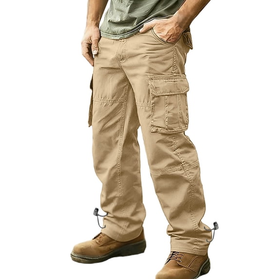 BaoFuBaoMei Cotton Cargo Pants for Men Big and Tall Elastic Waist Multi Pockets Straight Leg Pants Solid Zipper Fly Outdoor Trousers
