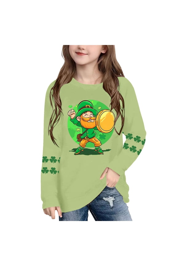Crew Neck Shirts for Boys Girls St Patricks Day Green Long Sleeve Pullover Tops Loose Fall Clothes for Irish Festival Themed Party