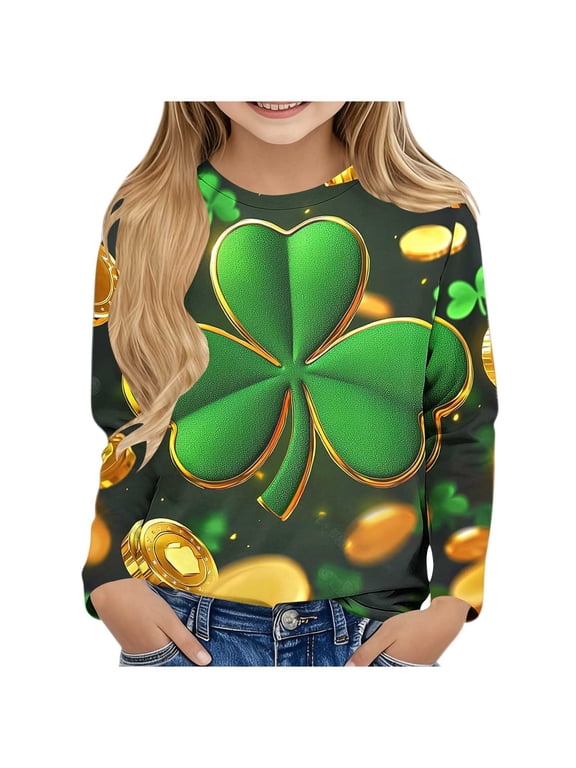 Crew Neck Shirts for Boys Girls St Patricks Day Green Long Sleeve Pullover Tops Slim Fall Clothes for Irish Festival Themed Party