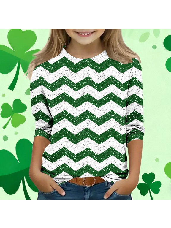 Crew Neck Shirts for Boys Girls St Patricks Day Striped Long Sleeve Pullover Tops Slim Fall Clothing for Irish Festival Themed Party