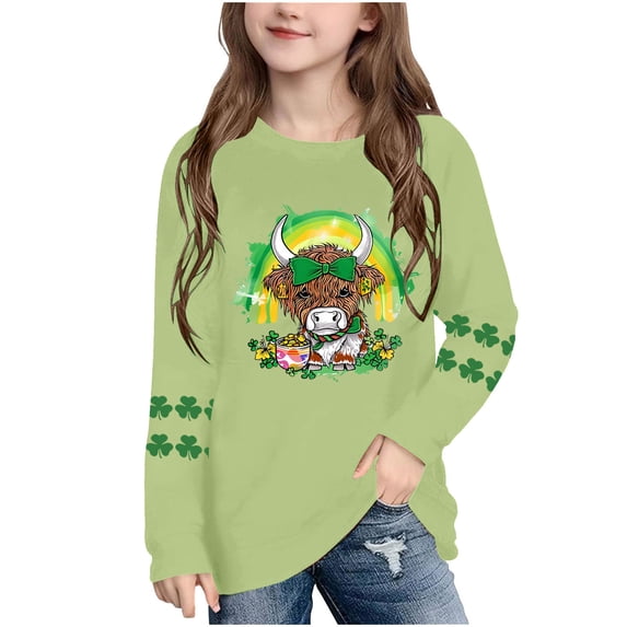 BaoFuBaoMei Crew Neck Tops for Boys Girls St Patricks Day Green Long Sleeve Pullover Shirt Loose Fall Outfits for Irish Festival Themed Party