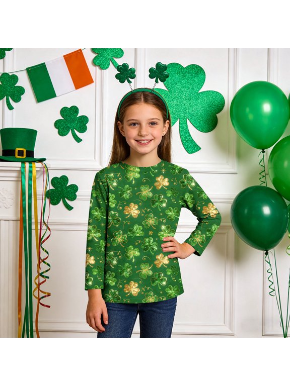 Crew Neck Tops for Boys Girls St Patricks Day Green Long Sleeve Pullover Shirt Slim Fall Clothes for Irish Festival Themed Party