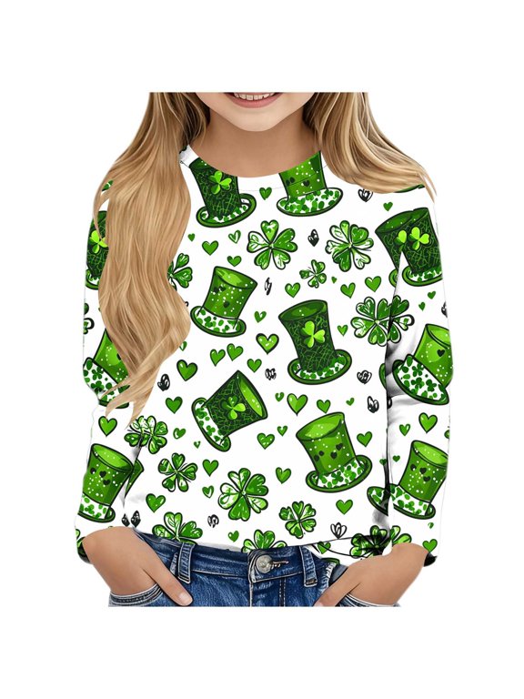 Crew Neck Tops for Boys Girls St Patricks Day Green Long Sleeve Pullover Shirt Slim Fall Clothing for Irish Festival Themed Party