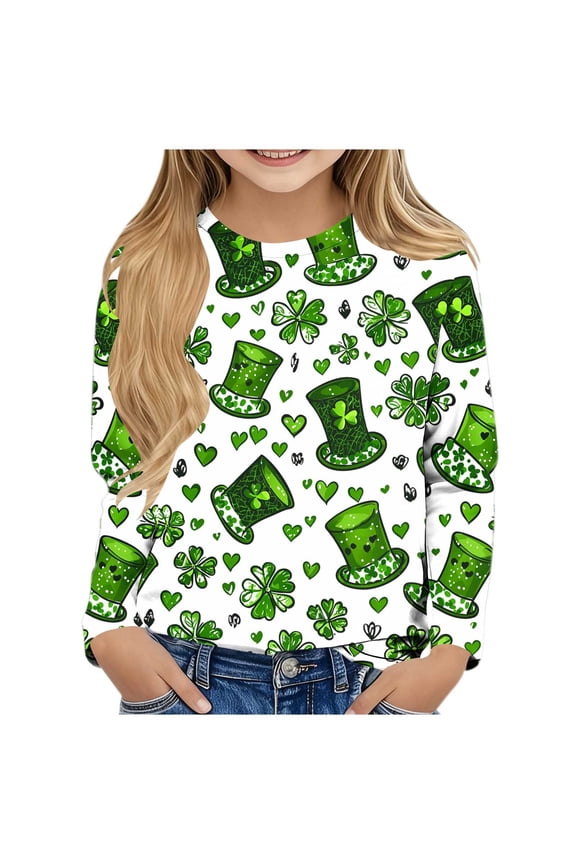 Crew Neck Tops for Boys Girls St Patricks Day Green Long Sleeve Pullover Shirt Slim Fall Clothing for Irish Festival Themed Party