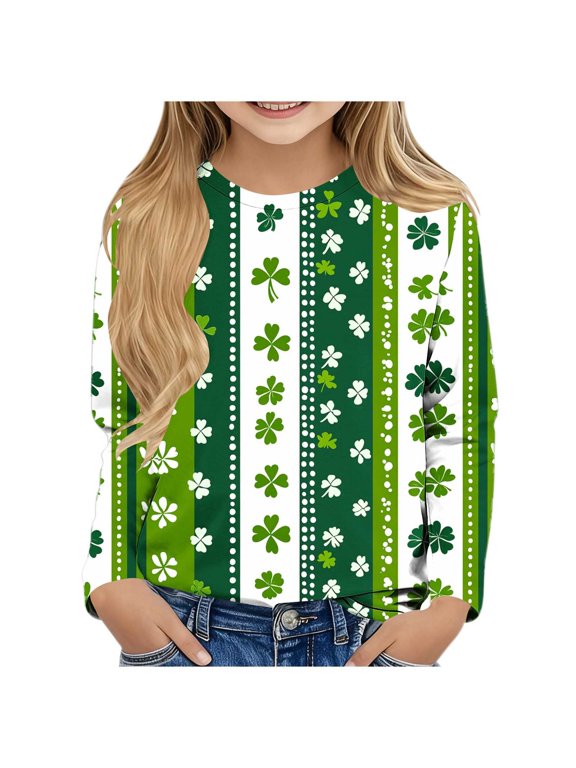 Crew Neck Tops for Boys Girls St Patricks Day Striped Long Sleeve Pullover Shirt Slim Fall Clothes for Irish Festival Themed Party