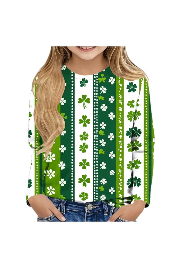 Crew Neck Tops for Boys Girls St Patricks Day Striped Long Sleeve Pullover Shirt Slim Fall Clothes for Irish Festival Themed Party
