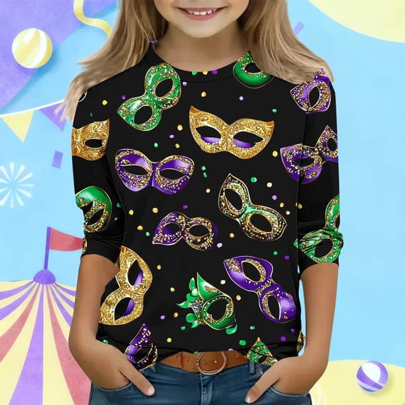 BaoFuBaoMei Crewneck Shirts Boys Girls Mardi Gras Masks Long Sleeve Pullover Tops Slim Fall Outfits for Mardi Gras Party Carnival Party