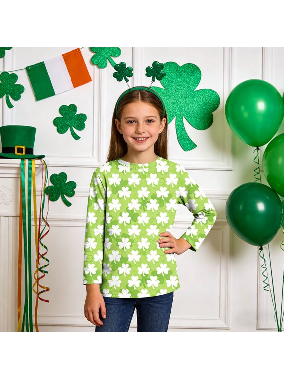 Crewneck Shirts Boys Girls St Patricks Day Green Long Sleeve Pullover Tops Slim Fall Clothes for Irish Festival Themed Party
