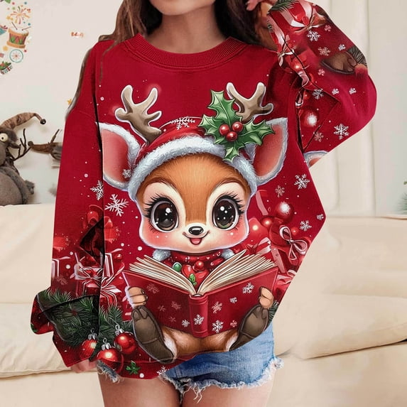 BaoFuBaoMei Crewneck Sweatshirt Kids Boys Girls Christmas Reindeer Long Cuffed Sleeve Pullover Tops Loose Fall Clothing for School Daily Wear Outdoor