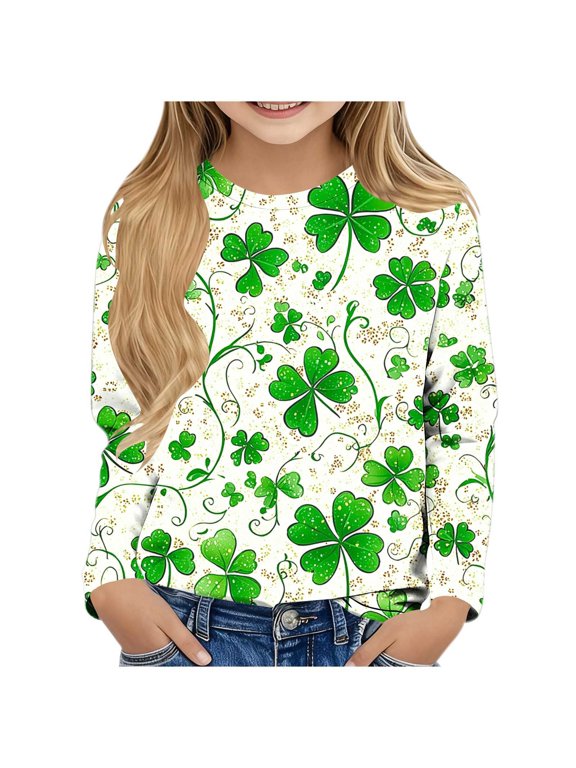 Crewneck Tops Boys Girls St Patricks Day Green Long Sleeve Pullover Shirt Slim Fall Clothes for Irish Festival Themed Party