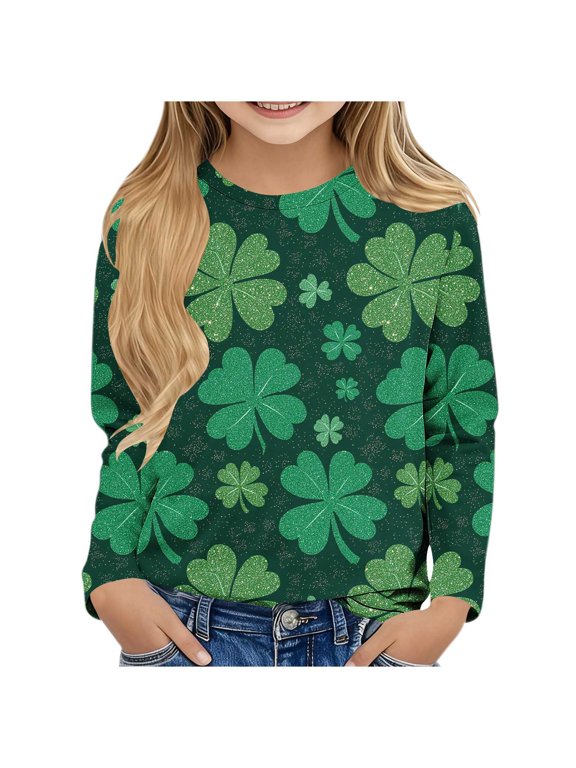 Crewneck Tops Boys Girls St Patricks Day Green Long Sleeve Pullover Shirt Slim Fall Clothing for Irish Festival Themed Party