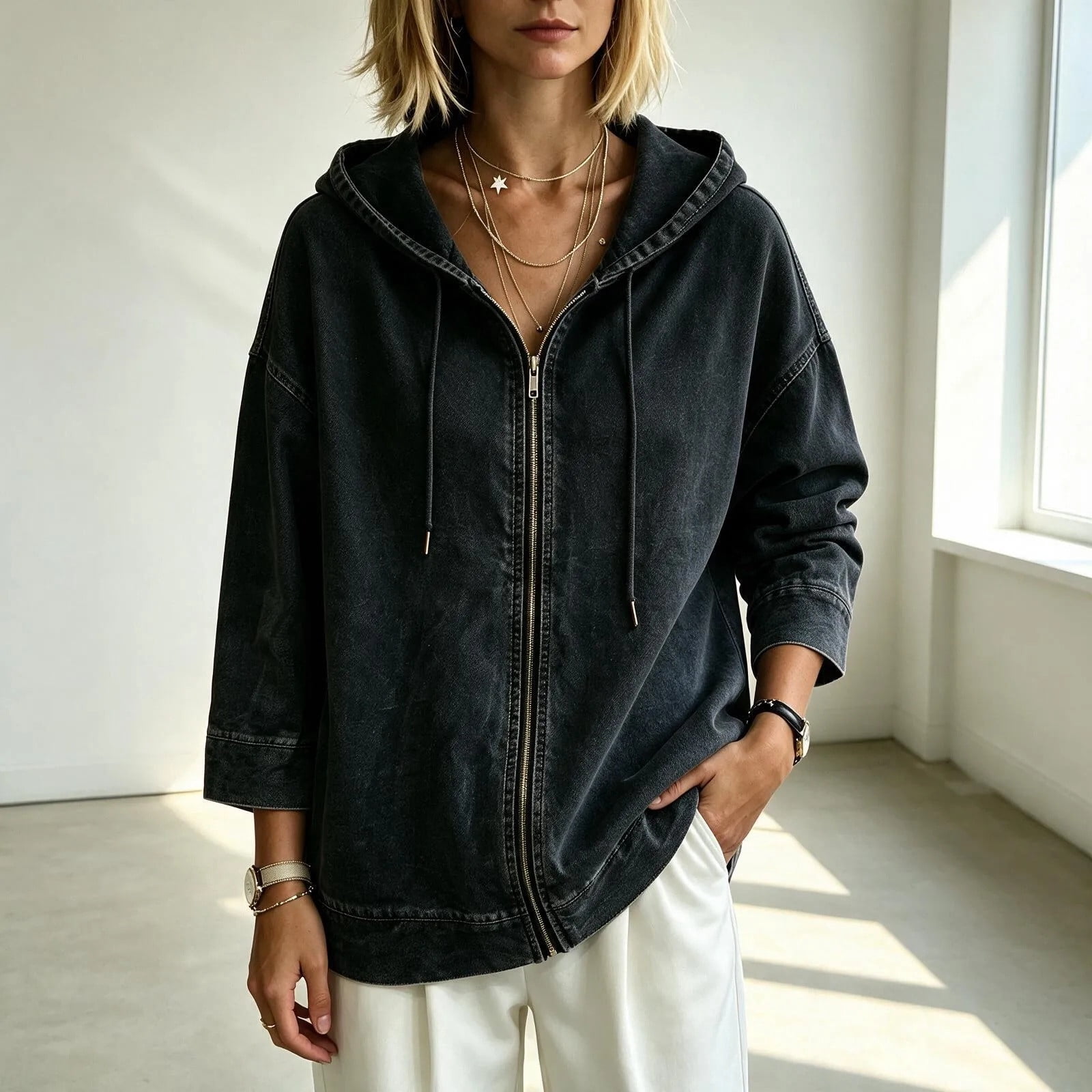 BaoFuBaoMei Denim Jackets for Women Plus Size Hooded Drawstring 3/4 ...