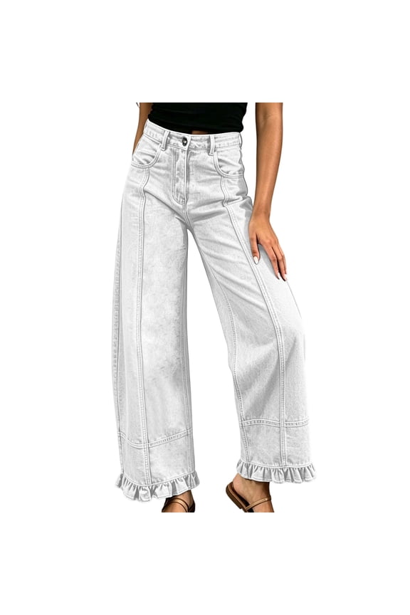 Denim Pants for Women Plus Size Ruffle Hem Straight Leg Trousers Patchwork Solid Jeans Pants Casual Trendy Outfits