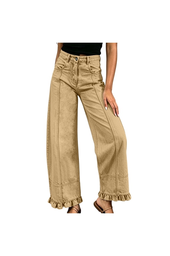 Denim Pants for Women Plus Size Ruffle Hem Straight Leg Trousers Patchwork Solid Jeans Pants Casual Trendy Outfits