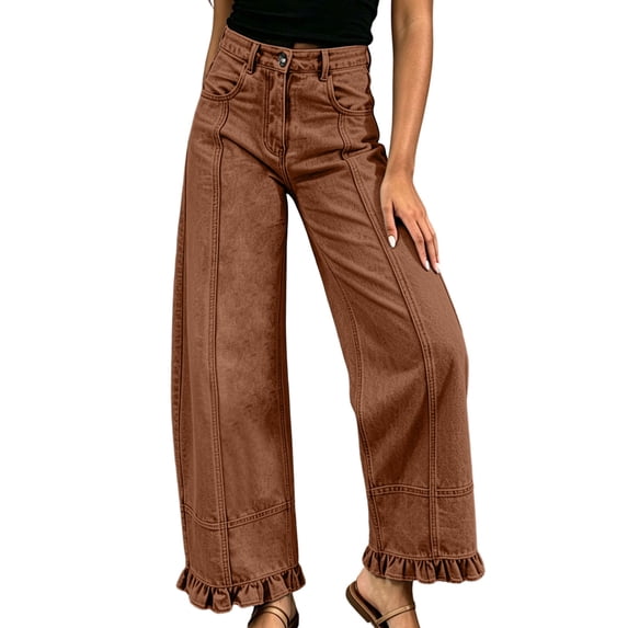 BaoFuBaoMei Denim Pants for Women Plus Size Ruffle Hem Straight Leg Trousers Patchwork Solid Jeans Pants Casual Trendy Outfits