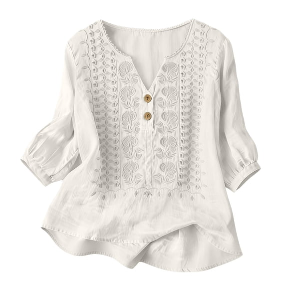 BaoFuBaoMei Embroidered Tops for Women Plus Size V Neck Elbow Sleeve Shirts Trendy Solid Blouse Loose Breathable Outfit