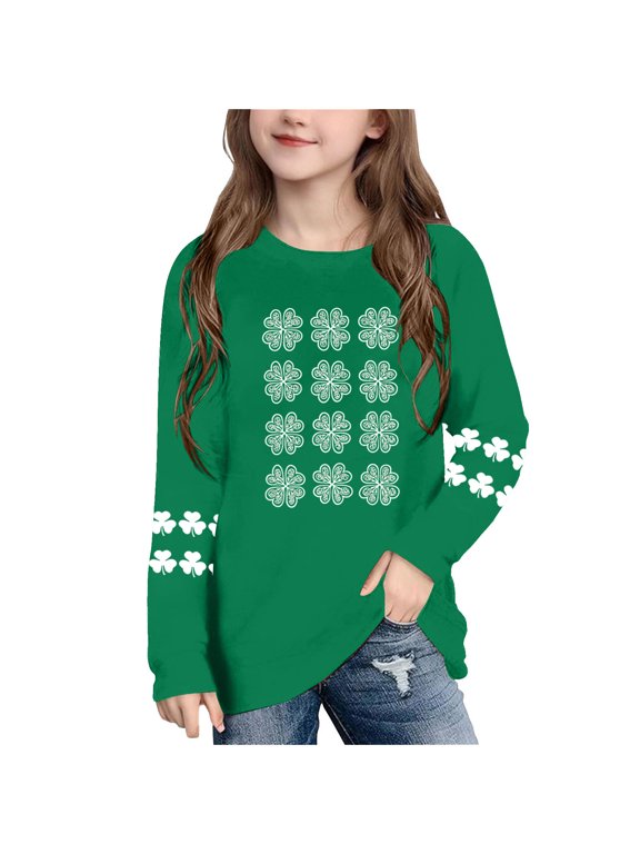 Fall Shirts for Boys Girls St Patricks Day Green Long Sleeve Pullover Tops Loose Crew Neck Outfits for Irish Festival Themed Party