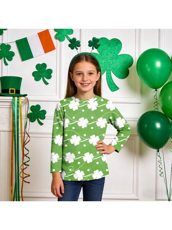 Fall Shirts for Boys Girls St Patricks Day Green Long Sleeve Pullover Tops Slim Crew Neck Clothes for Irish Festival Themed Party