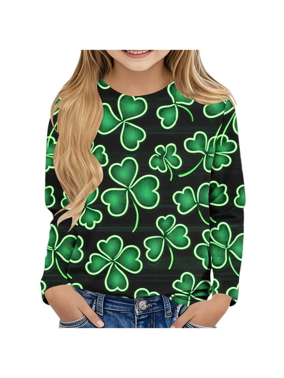 Fall Shirts for Boys Girls St Patricks Day Green Long Sleeve Pullover Tops Slim Crew Neck Clothing for Irish Festival Themed Party