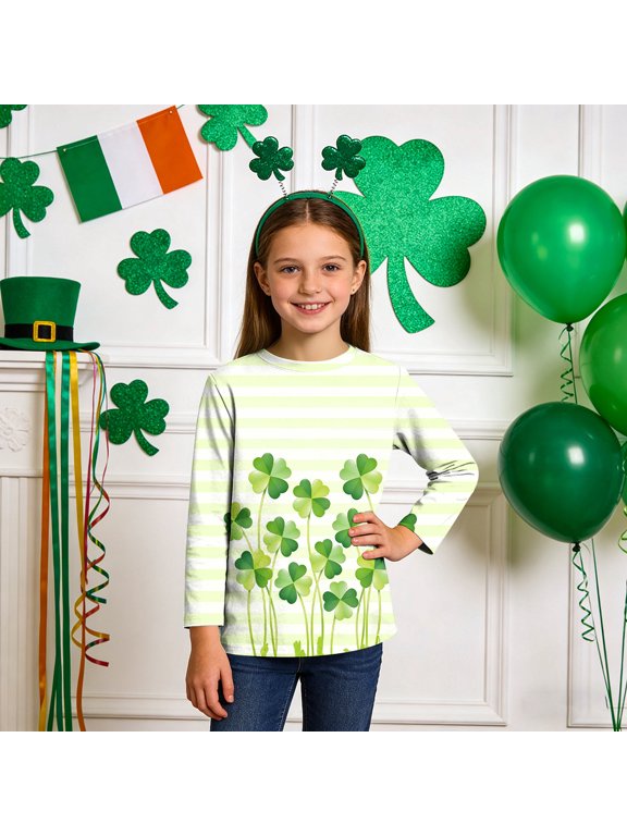 Fall Shirts for Boys Girls St Patricks Day Green Long Sleeve Pullover Tops Slim Crew Neck Outfits for Irish Festival Themed Party