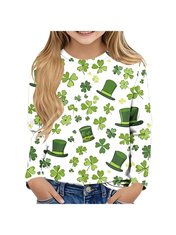 Fall Tops for Boys Girls St Patricks Day Green Long Sleeve Pullover Shirt Slim Crew Neck Clothes for Irish Festival Themed Party
